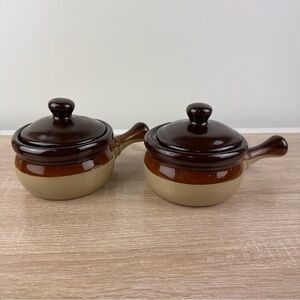 VTG Brown French Onion, Chilli, Bean Soup Pots w/ Lids Set of 2
